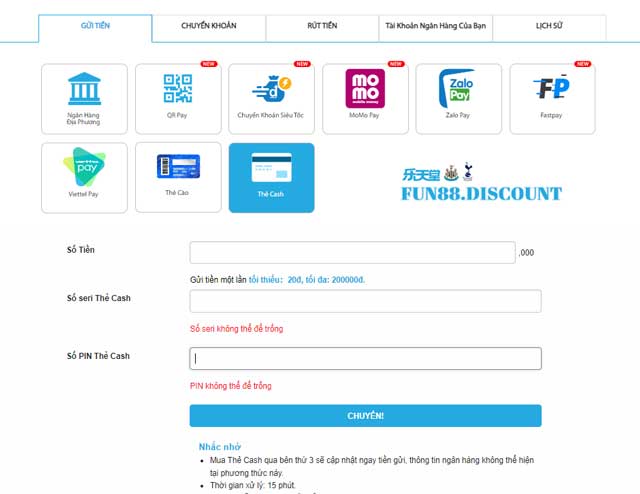 Cách gửi tiền Fun88 qua thẻ cash đơn giản, tiền vào ngay tức thì!