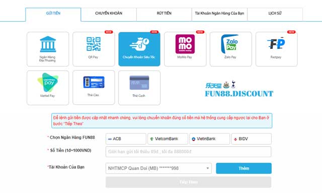 Điền thông tin để nạp tiền Fun88 qua chuyển khoản siêu tốc